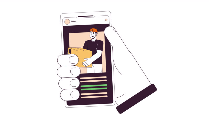 Tracking courier delivery app smartphone hand line cartoon animation. Phone parcel deliver 4K video motion graphic. Package shipping cellphone 2D linear animated hand isolated on white background