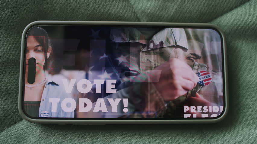 Smartphone screen with displayed US presidential elections political campaign. Multiethnic voters call to vote in social advertising. National Election Day in the United States. Handheld. Close Up.