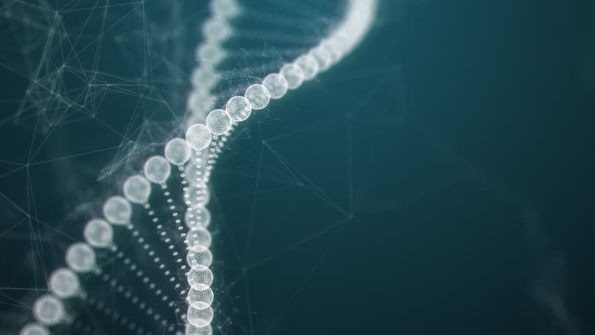 Blue DNA structure wireframe abstract background. Medical science and genetic biotechnology concept. Hi-tech digital gene cell helix 3D render