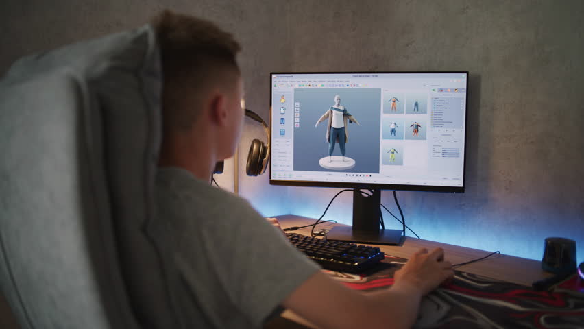 Young designer creates and draws clothes using PC. Interface of professional 3D modeling or design software. Teenage boy working on freelance project on computer at home. Game development concept.