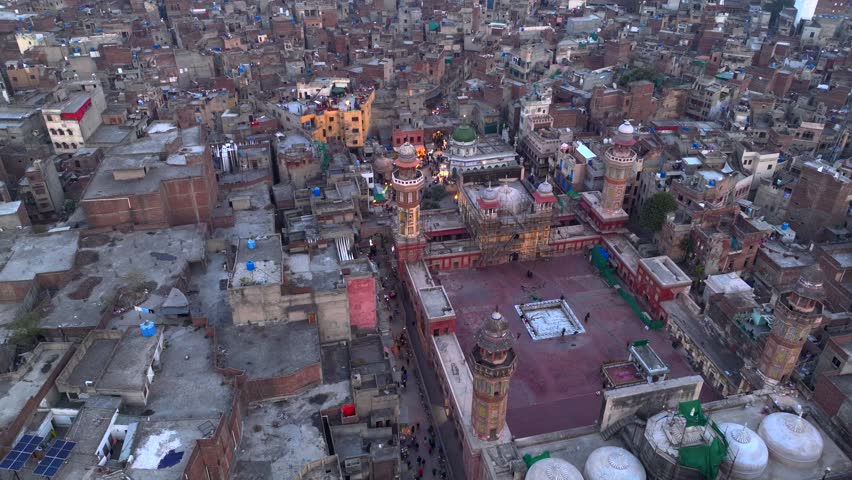 Walled City of Lahore. Evening Market near Delhi Gate at Twilight, Aerial Drone Shot. Lahore, Punjab, Pakistan