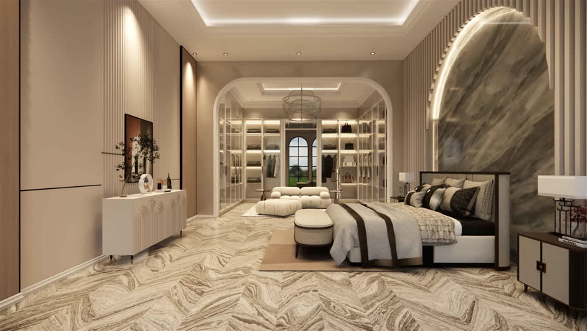 3d Animation rendering. Interior house modern open living space with kitchen.Loft style Duplex house residence.Home decoration luxury bedroom interior design.