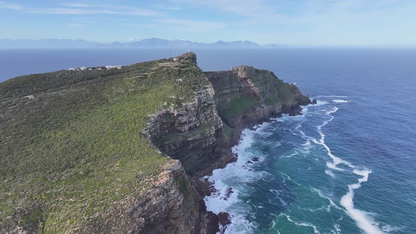 Famous Cape Point At Cape Town Western Cape South Africa. Birds Eye View Of Lighthouse Standing Tall Against The Blue Sky. Island Life Landscape Idyllic Vibrant. Island Life Summertime.