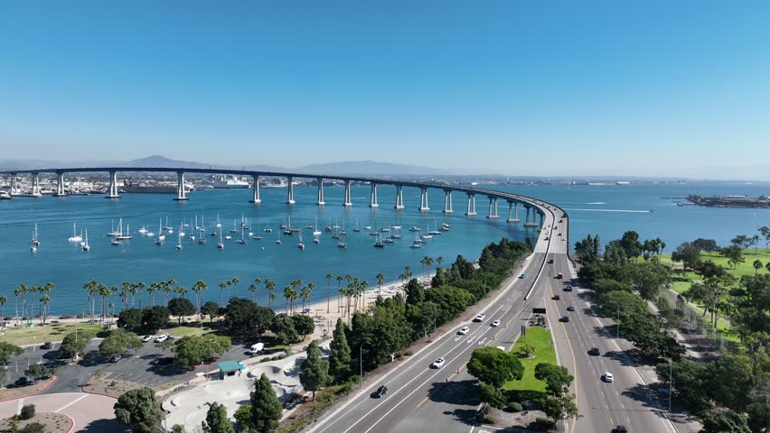 Conorado Bay Bridge At San Diego California United States. Elevated Road Bridge Symbol Of The City Viewed From Above. Town Sky Backgrounds Urban. Outdoor Backgrounds Panorama. San Diego California.