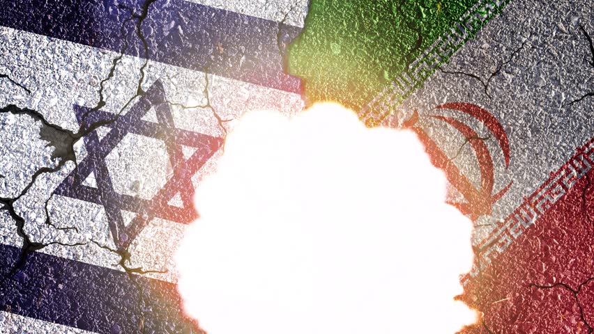Israel and Iran flags, concrete wall texture with cracks, grunge background, military conflict concept