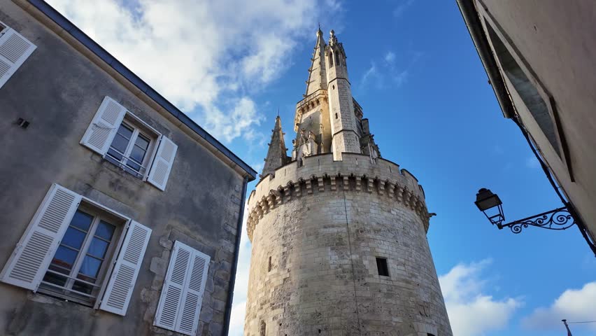 Smooth walking movement towards the Lantern Tower aka Tour de la Lanterne in La Rochelle, France.