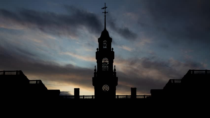 Legislative Hall of Delaware at Sunrise, Time Lapse with Fast Clouds and Dark Silhouette State Capitol Tower in Dover, USA