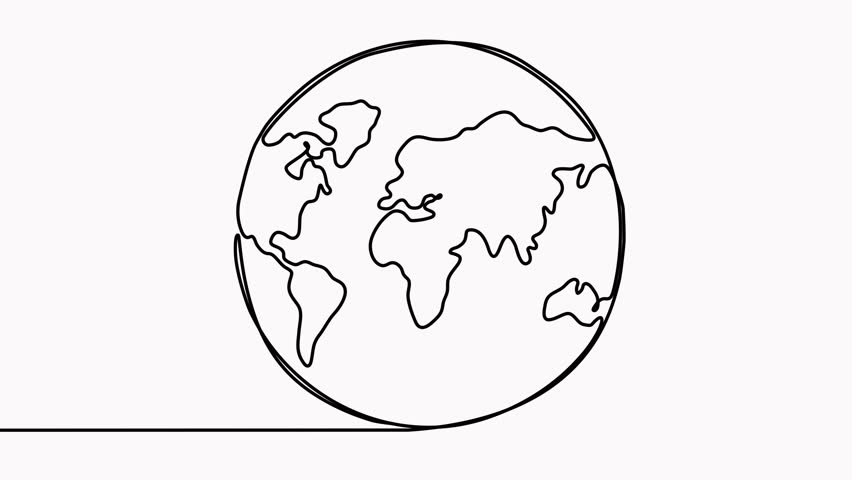 Continuous Earth line drawing symbol. World map one line art animation. Earth globe hand drawn insignia.