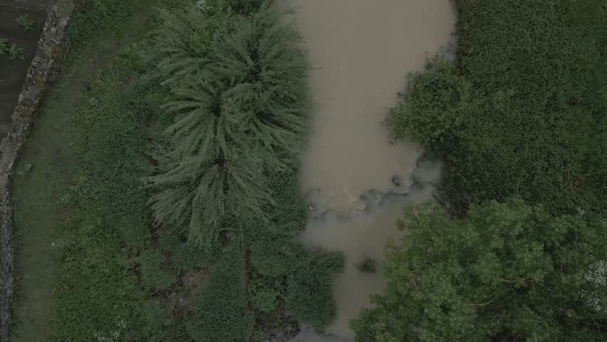 Cenital shot following the Zatoia riverbed as it passes through the Ochagavia town, Navarra,Spain. Aerial Drone Footage