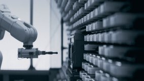 Close-up of Robotic Arm at Datacenter Cleanroom with Automated Enterprise Data Management and Storage Solution. Futuristic Storage and Handling Room with High Precision Robot Arm at High-Tech Factory. - Powered by Shutterstock - Get 15% off with code: PIKWIZARD15