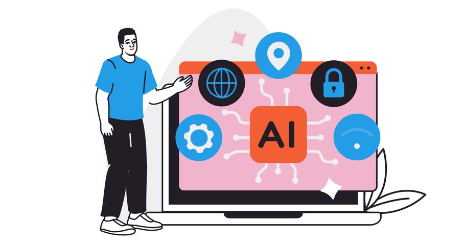 Artificial intelligence. Moving banner with male programmer standing next to laptop with innovative AI technologies and neural networks. Machine learning. Animated graphics in line art style