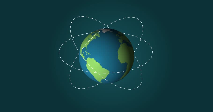 Earth Animation. Banner with globe rotating around axis. Map of countries and continents on Planet Earth. Realistic Trajectory of satellites and Moon. 3D motion graphics