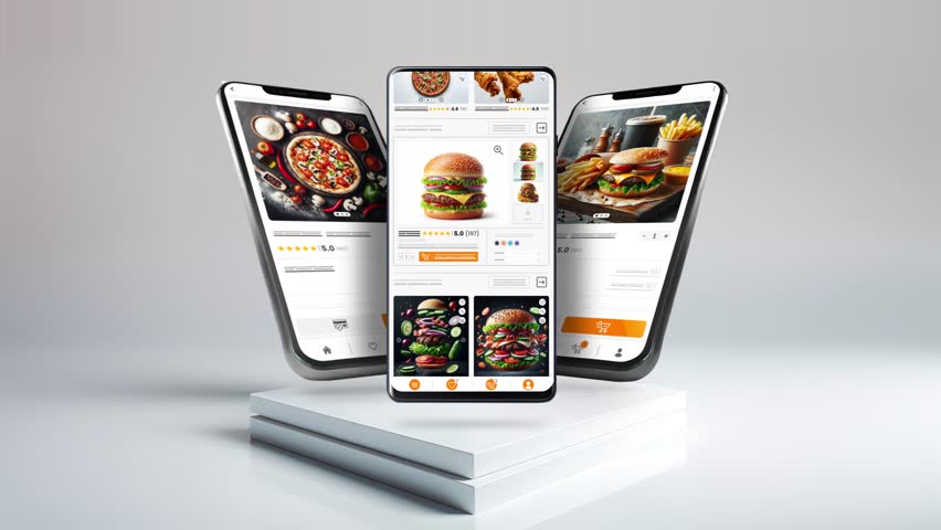 Fast food, burgers and pizza. Application mockup responsive design on 3 different phones.