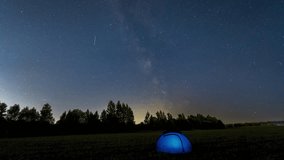 Time Lapse of Milky Way Moving over blue Glowing Tent. Night Starry Sky  - Powered by Shutterstock - Get 15% off with code: PIKWIZARD15