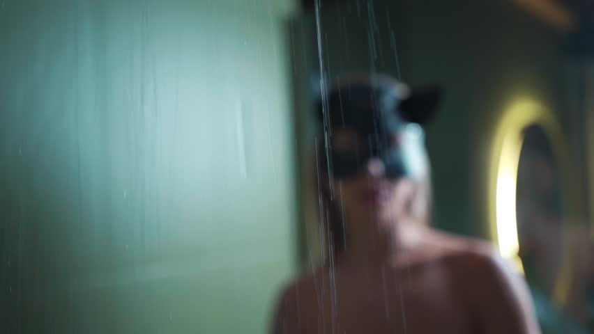 naked beautiful woman in leather bdsm kitty mask taking hot shower, sensual female and role playing games in bathroom