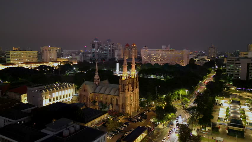Aerial view of Jakarta Cathedral Church at night. Located in Central Jakarta near Istiqlal Mosque