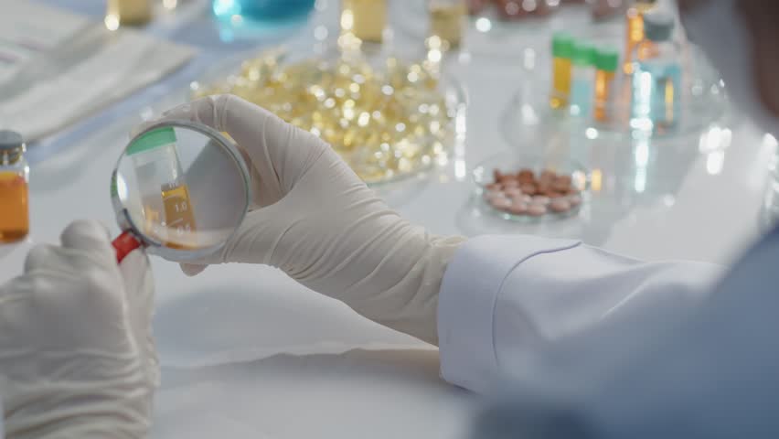 Experiment theme video from high angle view at laboratory table, researcher is observing a vial of experiment sample collection by a magnifying glass. Footage for editing, space for text