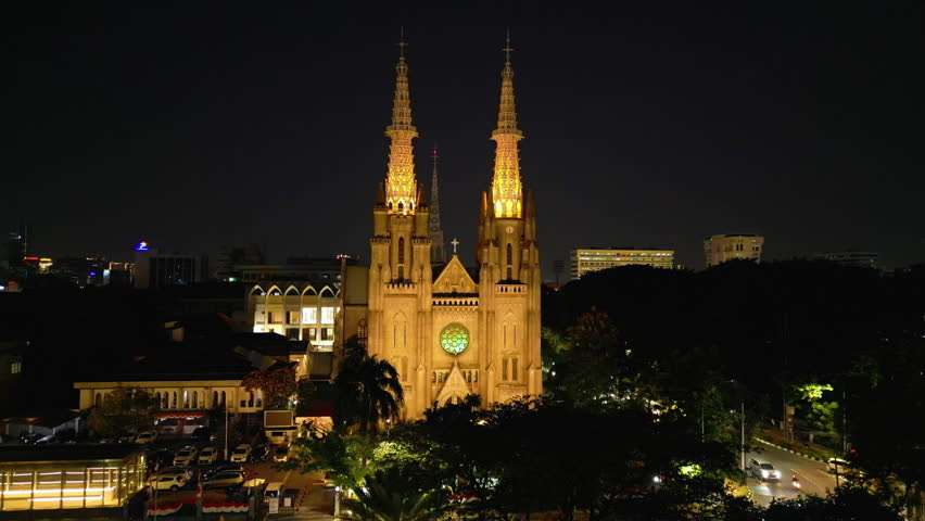 Aerial view of Jakarta Cathedral Church at night. Located in Central Jakarta near Istiqlal Mosque