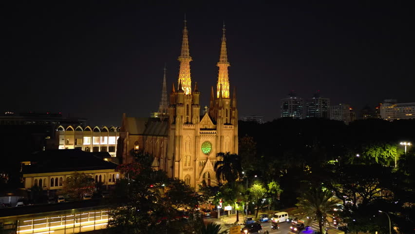 Aerial view of Jakarta Cathedral Church at night. Located in Central Jakarta near Istiqlal Mosque
