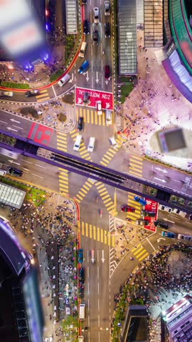Aerial timelapse of evening traffic at Bukit Bintang intersection in downtown Kuala Lumpur, Malaysia