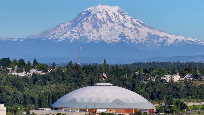 Geodesic Dome With Mt Rainier In The Background And City View Tacoma In Washington, United States. Aerial Shot