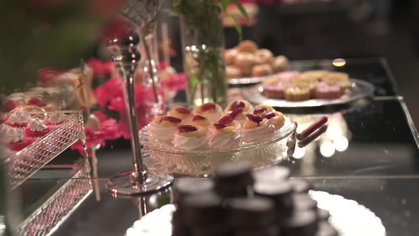 Elegant dessert buffet setup in luxury restaurant. Valentine's Day. Wedding. Party. Argentina.