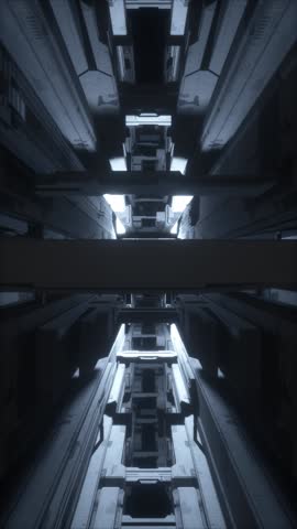 3d vertical video, abstract urban virtual reality tunnel. Futuristic motion graphic. Blue neon light glow, geometric construction. Drone fast flying forward. Loop at 2K resolution.
