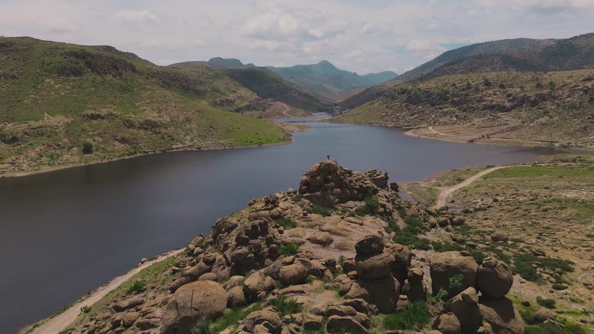 El Potosino Dam, San Luis Potosi Natural Area, Beautiful Aerial View of River with Mountains and Green Fields, Non Urban Area