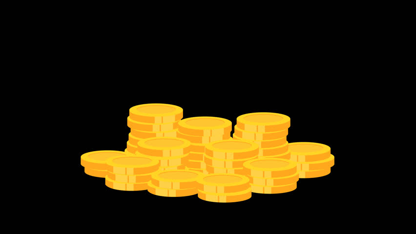 Group of golden coins falling down and stack together, Animation 2D of gold coin stack on transparent background with alpha channel.