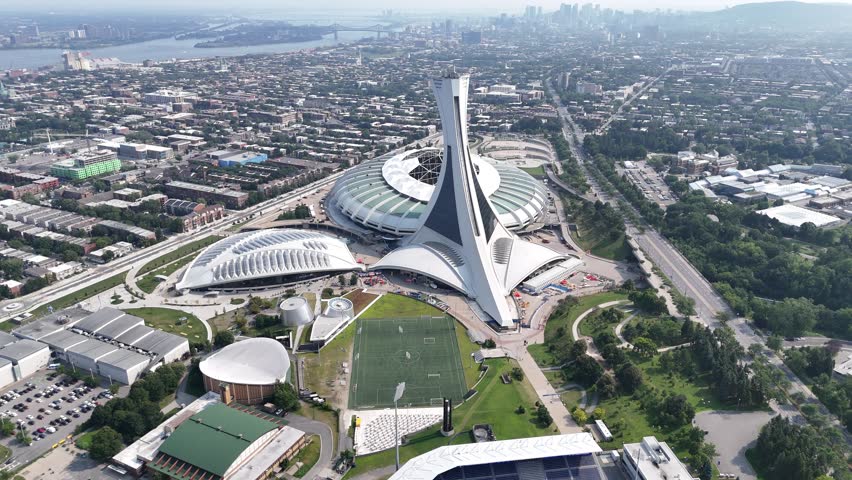 Drone flight above the Olympic Stadium and inclined tower in Montreal, Quebec, Canada.