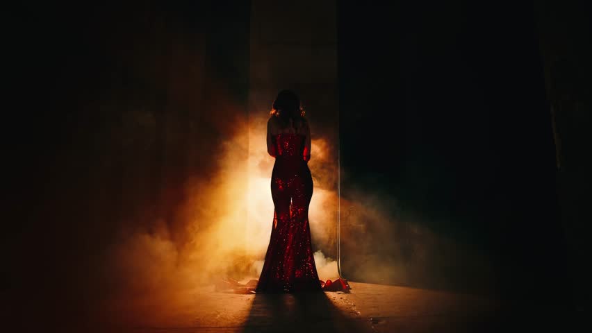 Sexy woman retro lady rear view dancing. art video glamour dark shadow silhouette girl long red shiny dress ball gown. Black room night club full smoke model posing back lit, bright warm rays light 4k