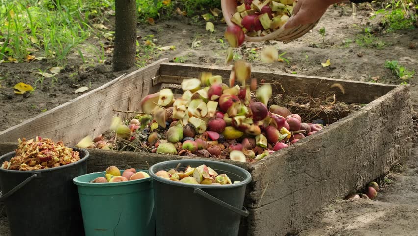Organic waste falling from a bucket into a compost pit. Bio-waste recycling. Compost bin with organic waste. Bio food waste composting bin. Biodegradable material, organic recycling concept