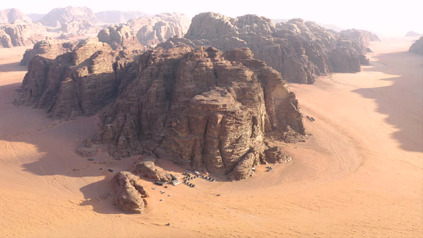 Aerial view of the arrival at one of the Bedouin camps for tourists, in the Wadi Rum desert, Jordan.