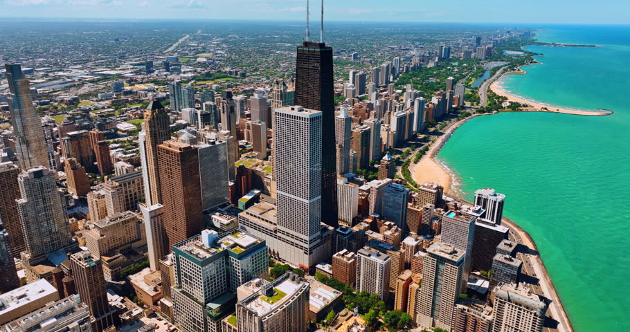 Amazing beaches on the Lakeshore Drive in Chicago, Illinois, United States. Viewed from Near North Side looking north on sunny day. Aerial view.