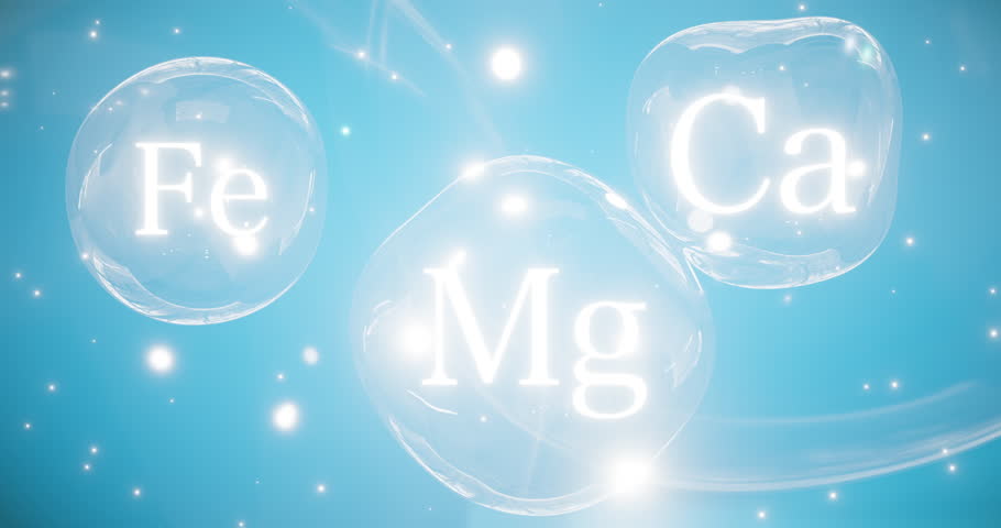 symbols of calcium, magnesium and iron in spheres, minerals ca, mg, fe, food supplements or mineral complex, 3d rendering on a blue background