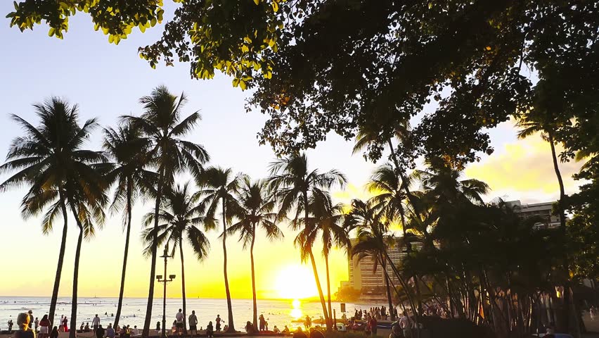 Sunset on Waikiki Beach in Honolulu, Hawaii