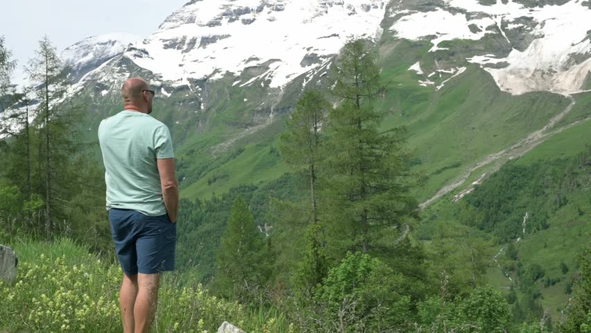 A man stands in a grassy field, gazing at the snow-capped mountains and lush green valleys of Grossglockner, Austria, capturing the serenity and beauty of nature in an alpine setting.