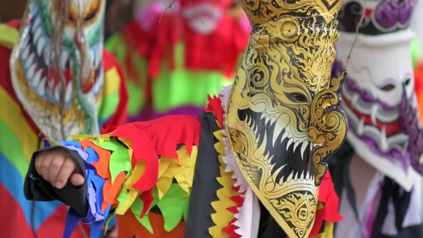 The ghost festival or (Phi ta khon) in north eastern Thai. In this traditional festival, people will join by wearing the colorful creative in spirit clothing design and dance around the city.