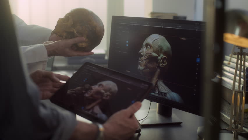 Modern archaeological lab: Two scientists analyze fossil skull, discuss three dimensional model and visualization of prehistoric extinct human head displayed on digital tablet and computer screen.