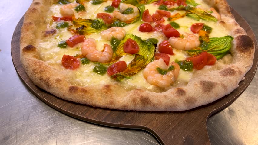 Pizza with shrimp and squash blossoms, cherry tomatoes and mozzarella cheese. Slider shot in top view