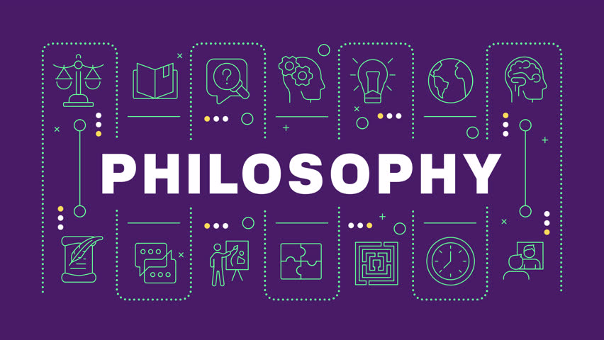 Philosophy word concept animation. Ancient study, education. Learning ethics, epistemology. Dynamic text with thin line icons on purple background. HD video with alpha channel. Motion graphic