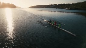 Aerial view Halifax Bay Rowing Crew at Sunrise. A rowing team, captured by a drone, moves gracefully through Halifax Bay at sunrise, their synchronized strokes creating ripples on the water. - Powered by Shutterstock - Get 15% off with code: PIKWIZARD15