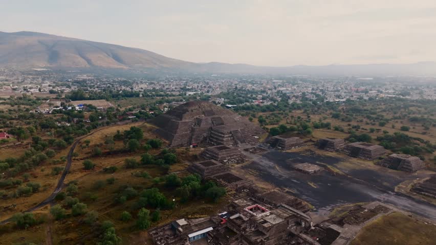 Orbit aerial view of the iconic Moon Pyramide and Plaza at Teotihuacan, an ancient aztec city in Mexico