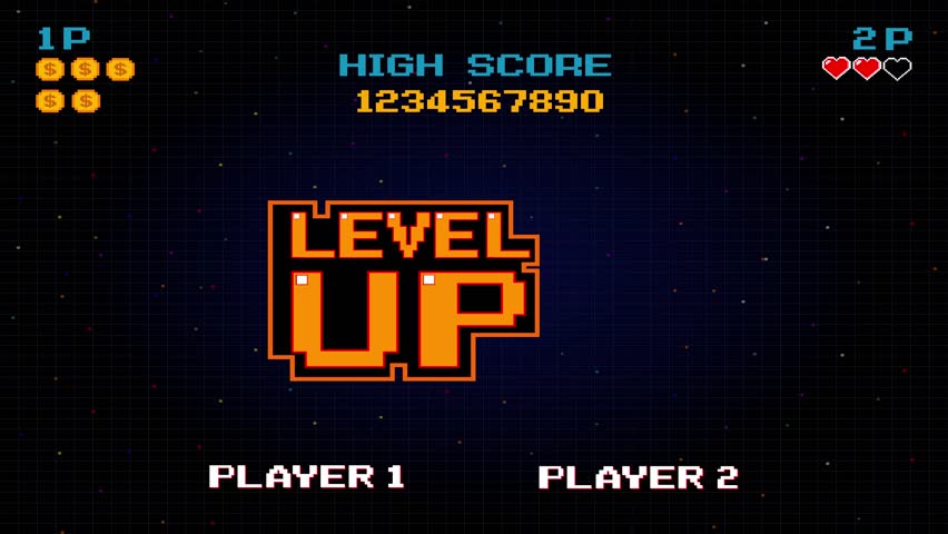 LEVEL UP. pixel art .8 bit game. retro video game. for game assets.