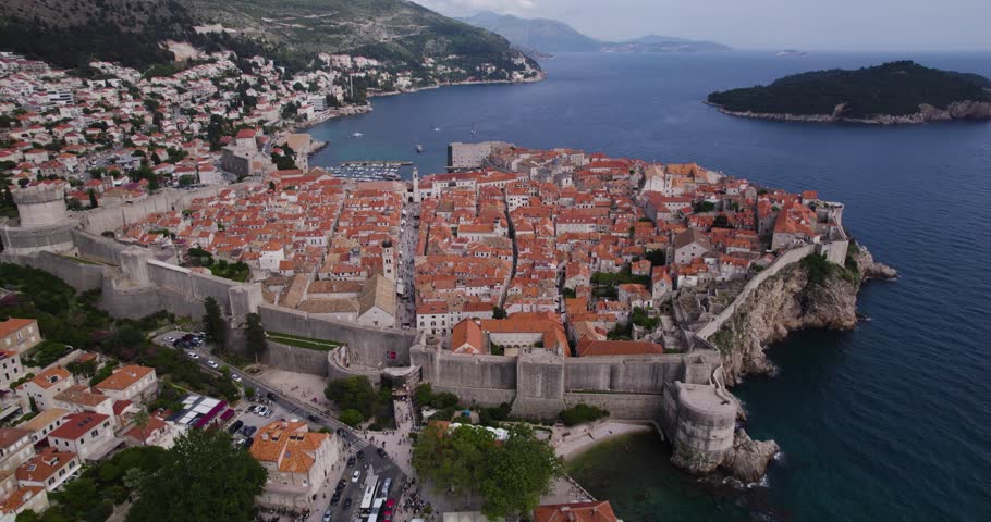 Aerial orbit famous old town Dubrovnik in Croatia, known as Kings Landing