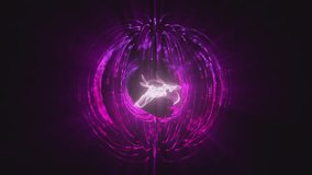 Spinning abstract 3in1 purple-pink abstract energy sphere with magical glowing particles and shimmering vertical lines with white core in the center on black background, video in 4K - Powered by Shutterstock - Get 15% off with code: PIKWIZARD15