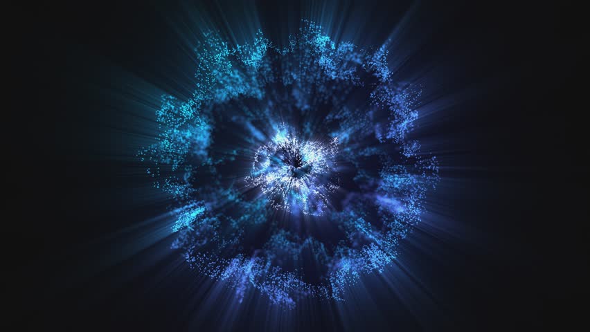 Abstract blue sphere of energy with magical glowing particles on a black background and a light core in the center, video in 4K