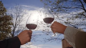 Couple, a woman and a man, enjoying the fantastic landscape view, relaxed sitting on a terrace clinking glasses of red wine, close up shot. - Powered by Shutterstock - Get 15% off with code: PIKWIZARD15