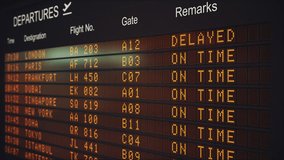 Airport departure board displaying Flight cancellations statuses. Illustrates real-time airport operations and potential travel disruptions. Ultra HD 4K 3D animation - Powered by Shutterstock - Get 15% off with code: PIKWIZARD15