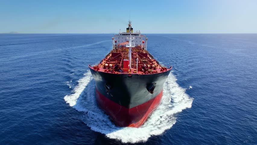 Front view of a chemical goods or oil tanker sailing with speed over the ocean